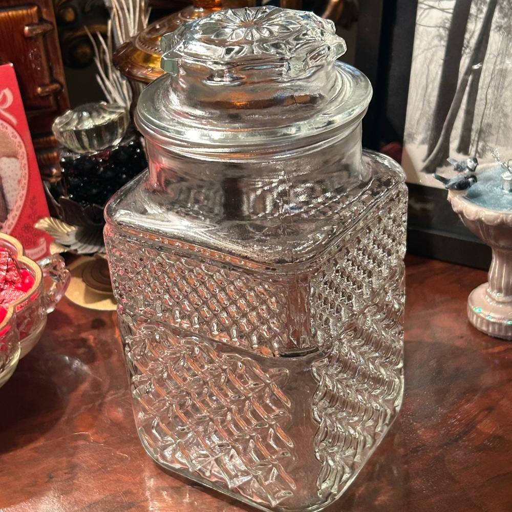 Vintage Clear Diamond Cut Glass Canister